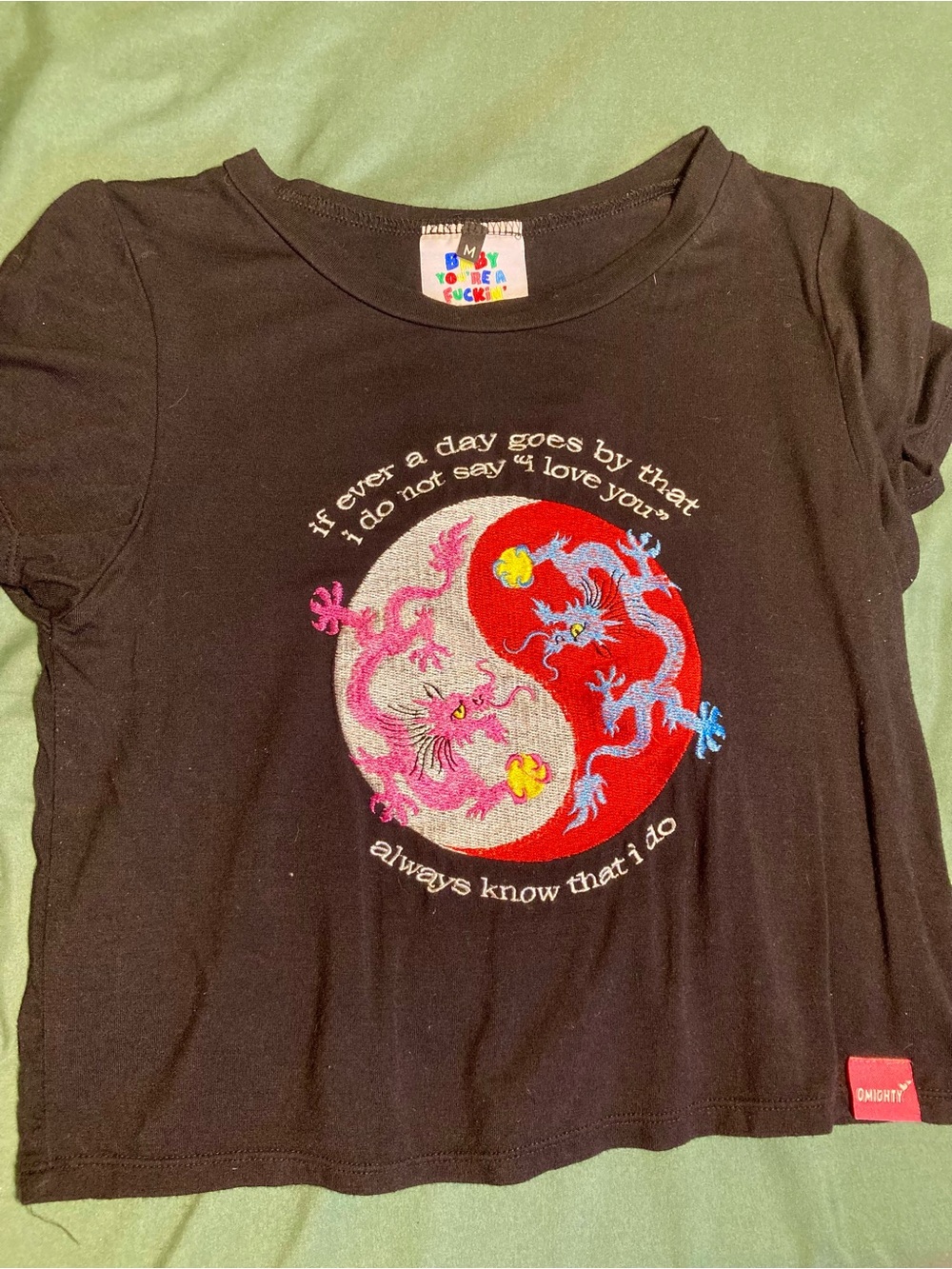 omighty Black Crop Top with Red, Pink & Blue Dragon Yin Yang Graphic